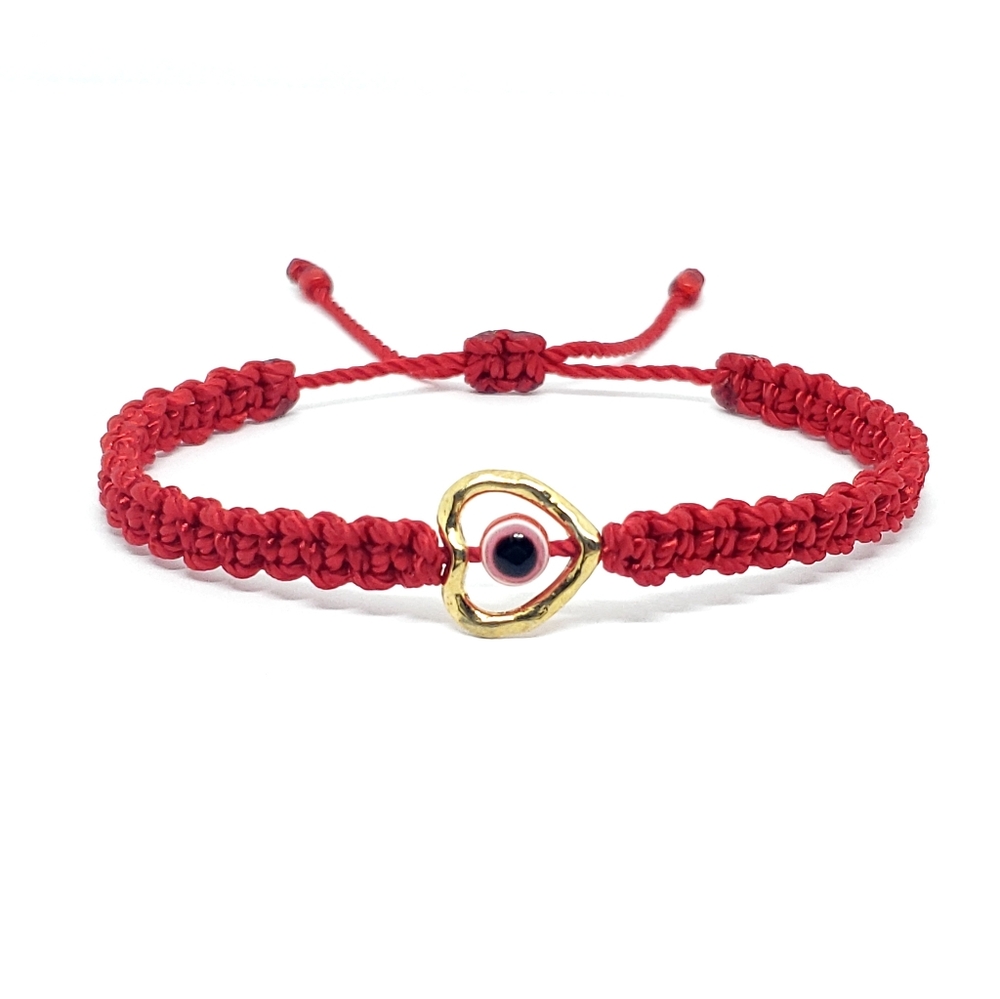 Evil eye protection bracelet, evil eye braided wristband, gold heart charm - red